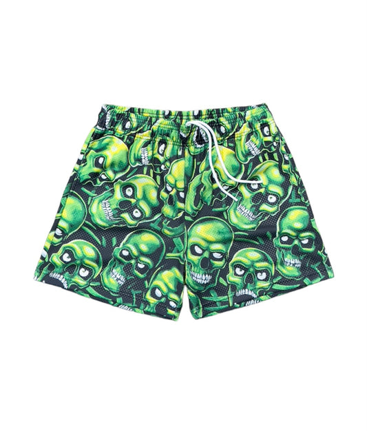 GREEN SKULL MESH SHORTS