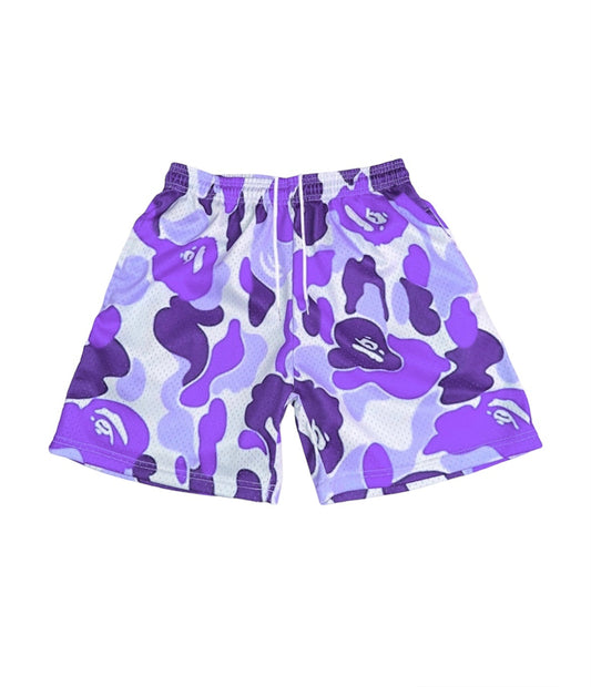 PURPLE CAMO MESH SHORTS