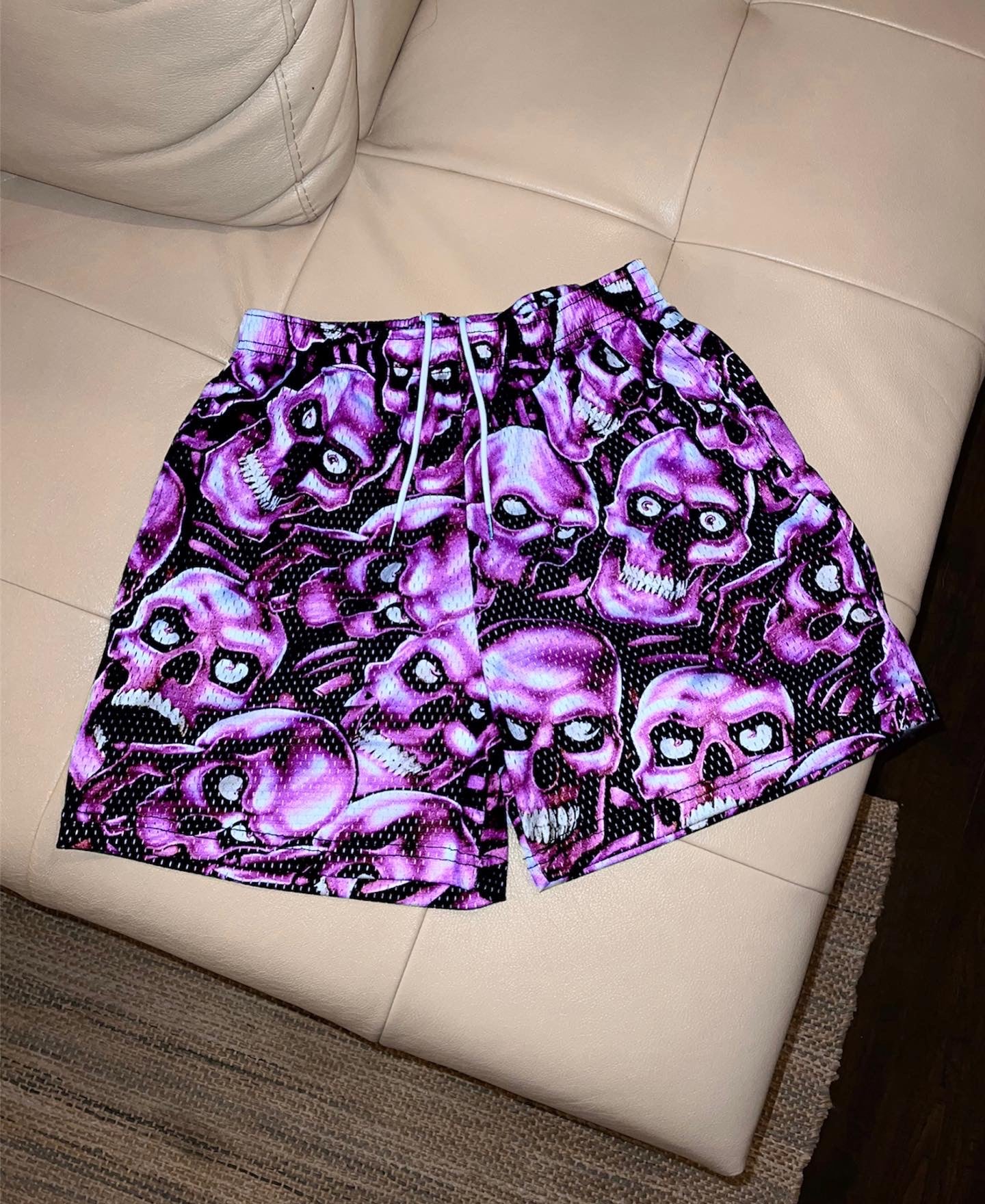 PURPLE SKULL MESH SHORTS